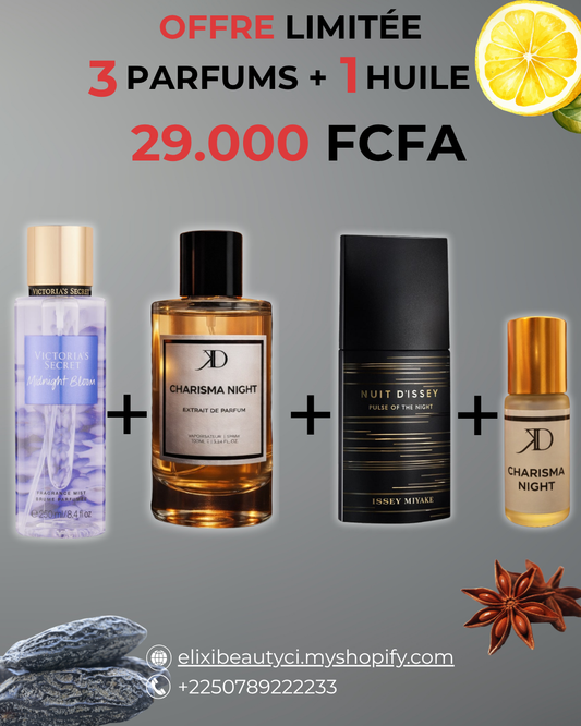 KD Charisma Night + Nuit d'Issey + brume + Huile Charisma