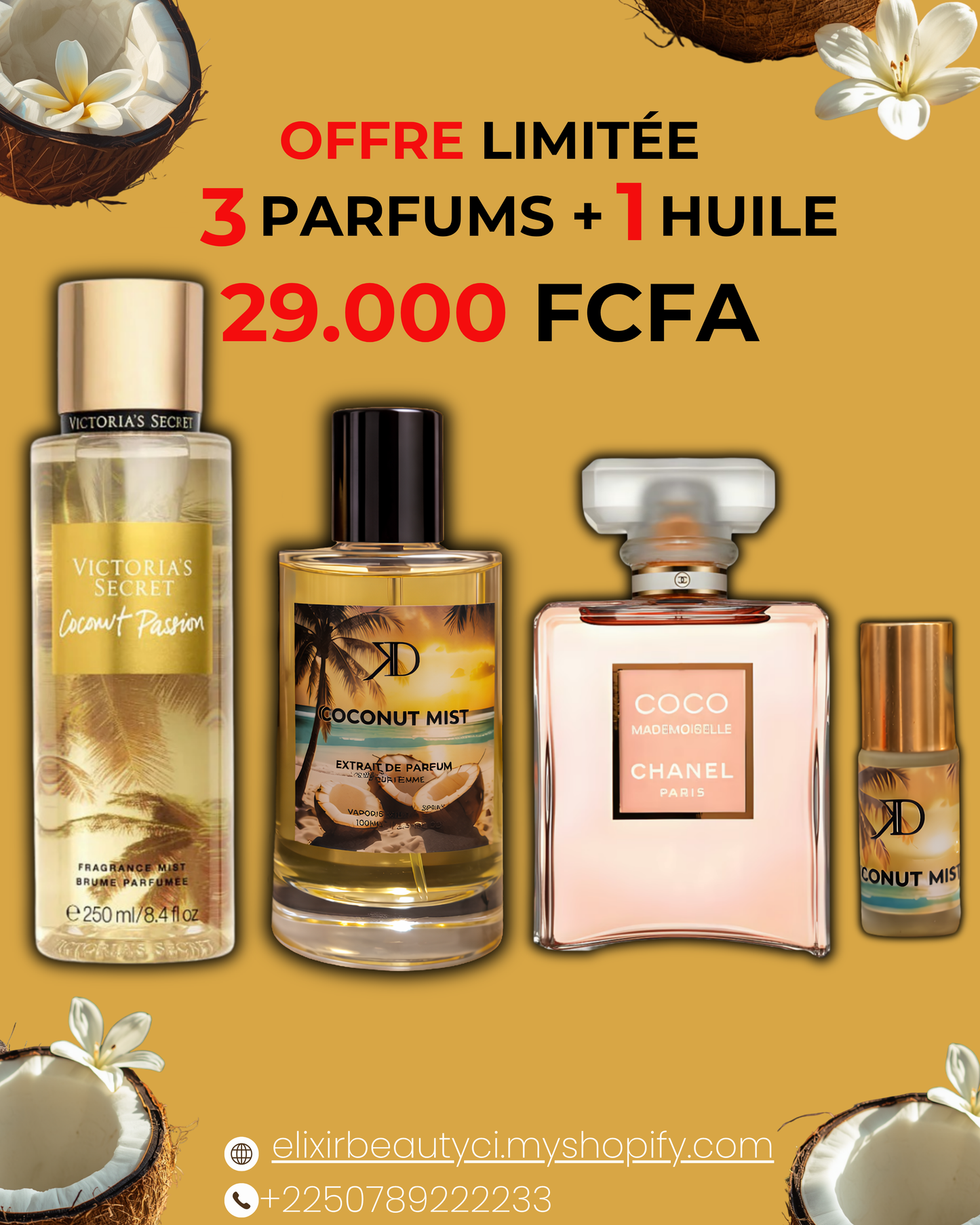 KD Coconut Mist + Coco Mademoiselle + brume + Huile