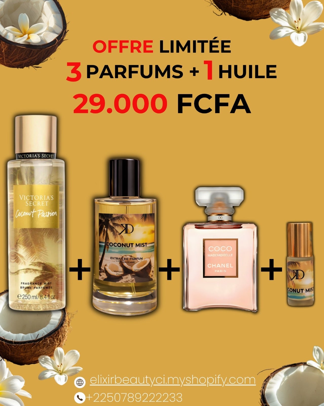 KD Coconut Mist + Coco Mademoiselle + brume + Huile