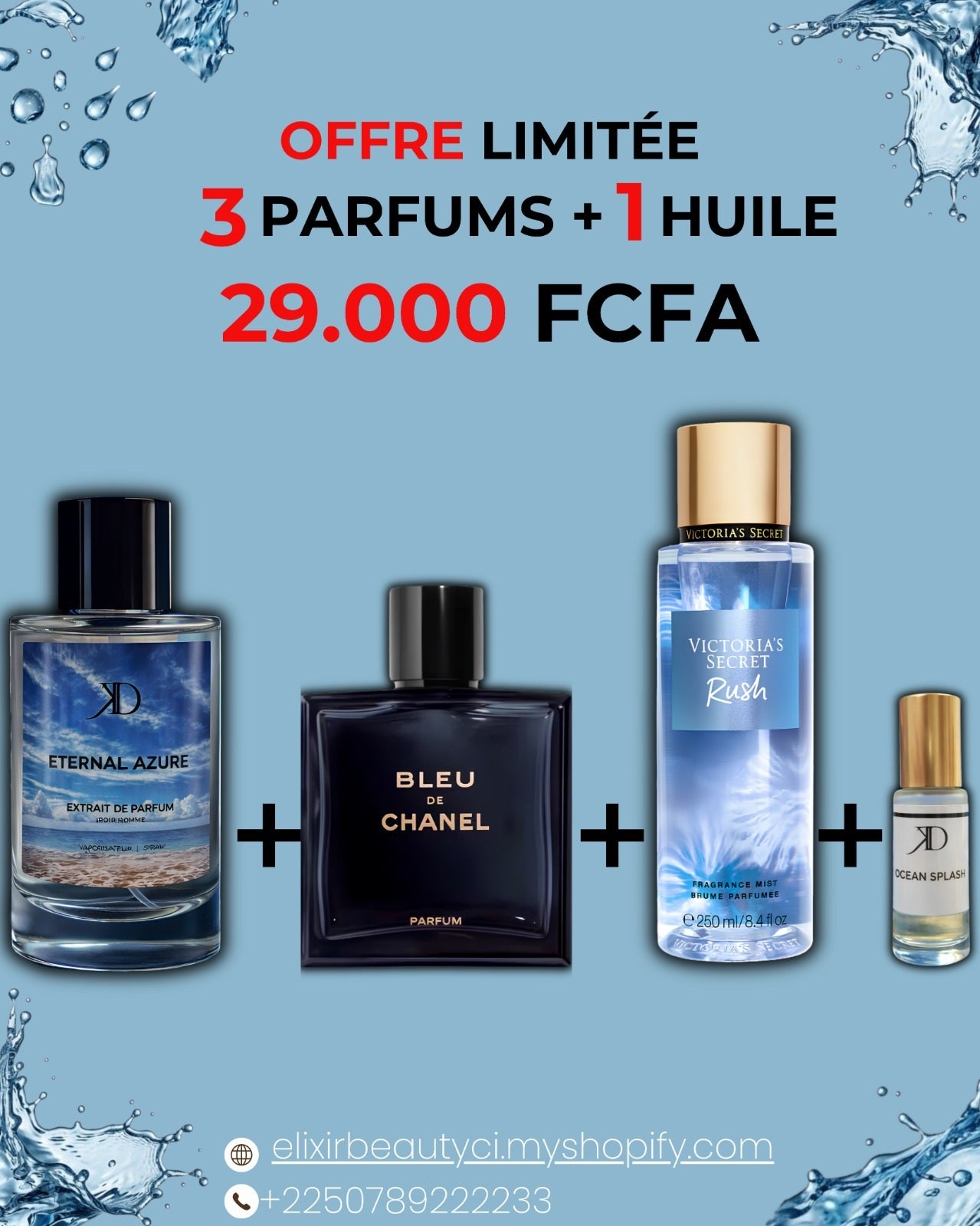 KD Eternal Azure + Bleu de CHANEL + brume + Huile Eternal Azure