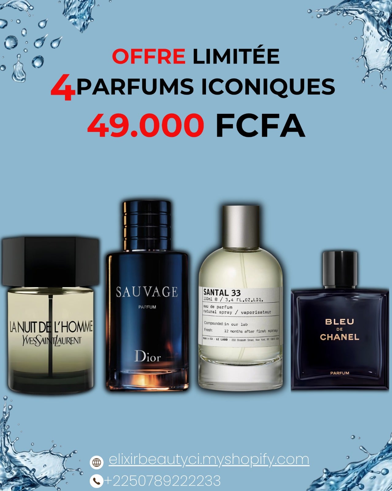 La Nuit de l’homme + Sauvage + Santal 33 + Bleu de chanel