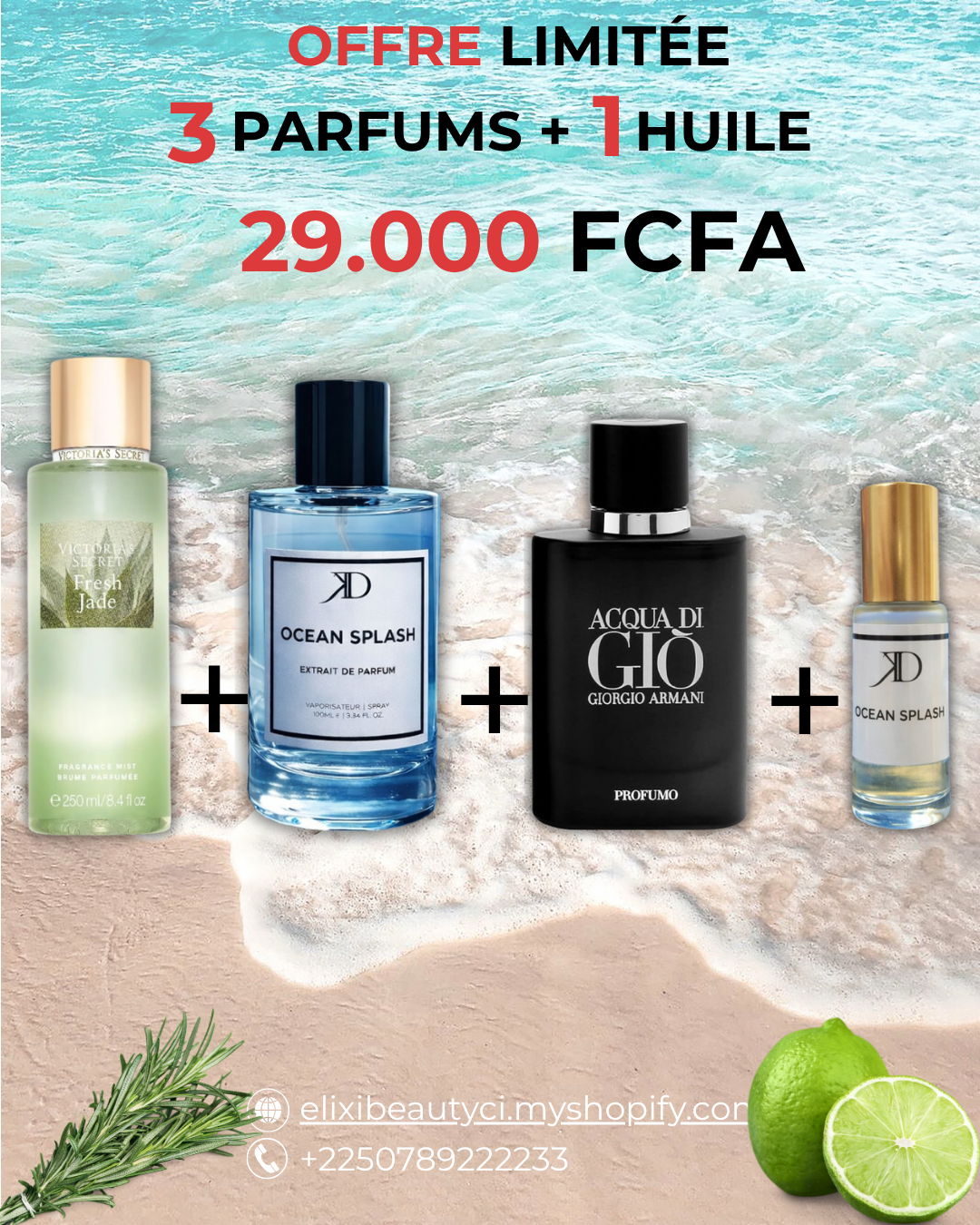 KD Ocean Splash + Aqua Di Gio + brume + Huile Ocean Splash