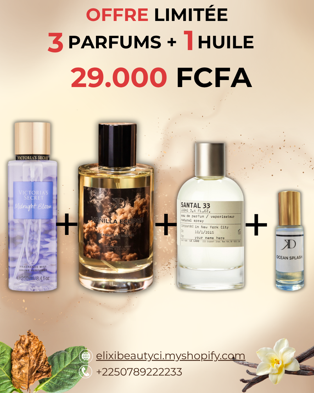 KD Vanilla Eclipse + Santal 33 + brume + Huile Ocean